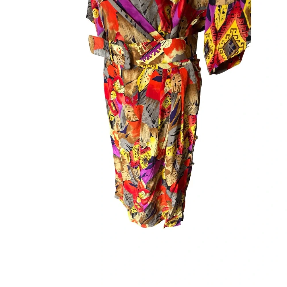 Vintage 100% Silk Tropical Floral Geometric Belted Wrap Midi‎ Dress Multicolor